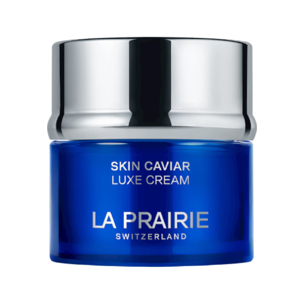 A small, round jar of La Prairie Skin Caviar Luxe Cream with a reflective silver lid and deep blue base.