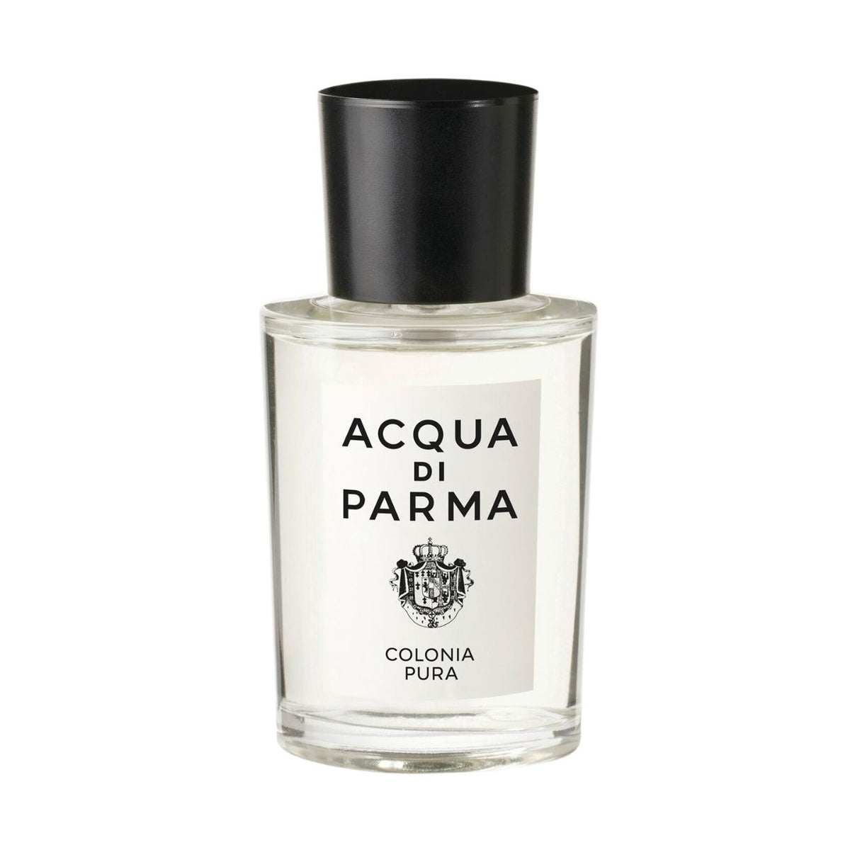 Clear glass Colonia Pura Eau de Cologne fragrance bottle with a black cylindrical cap and a white label featuring a crest and text.