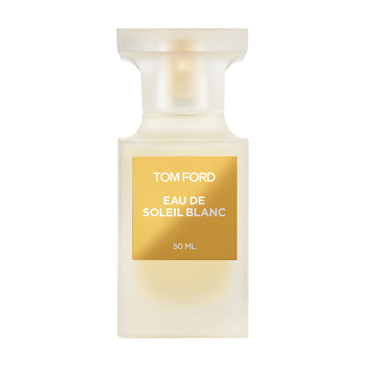 Rectangular frosted glass bottle of Tom Ford Eau De Soleil Blanc Eau de Parfum Spray, featuring sparkling citrus notes and a gold label reading 50 ml.