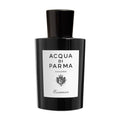 An Acqua di Parma Colonia Essenza Eau de Cologne black glass bottle with a white label featuring a coat of arms and text, embodying a modern classic fragrance.