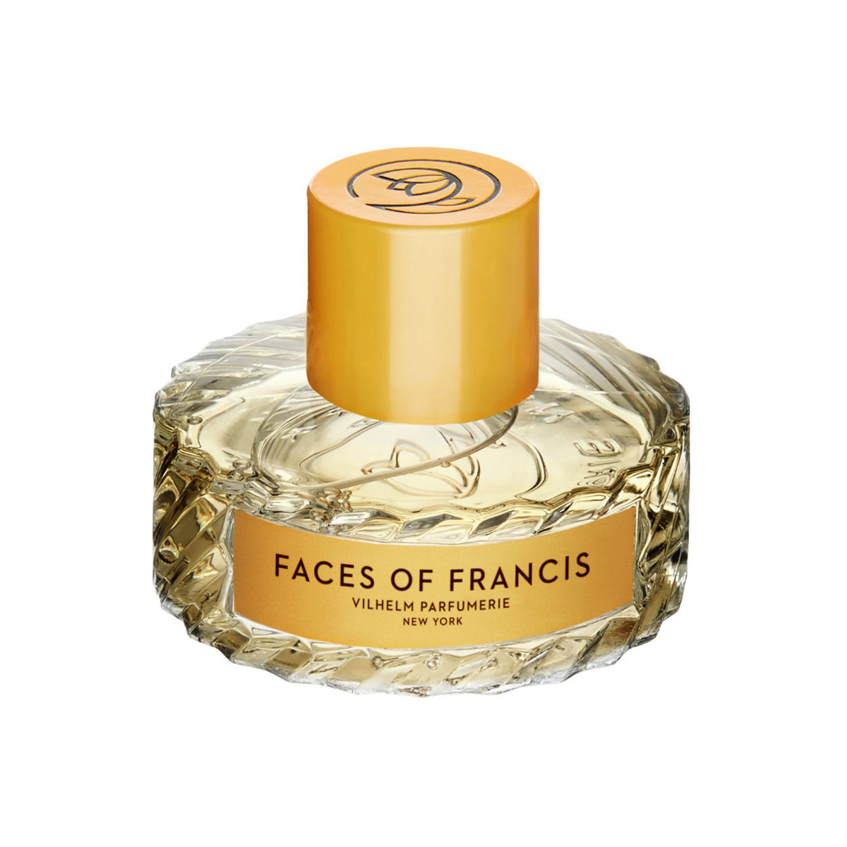 A round, faceted glass bottle of Faces of Francis Eau de Parfum by Vilhelm Parfumerie, featuring a yellow cylindrical cap and notes of vetiver and saffron.