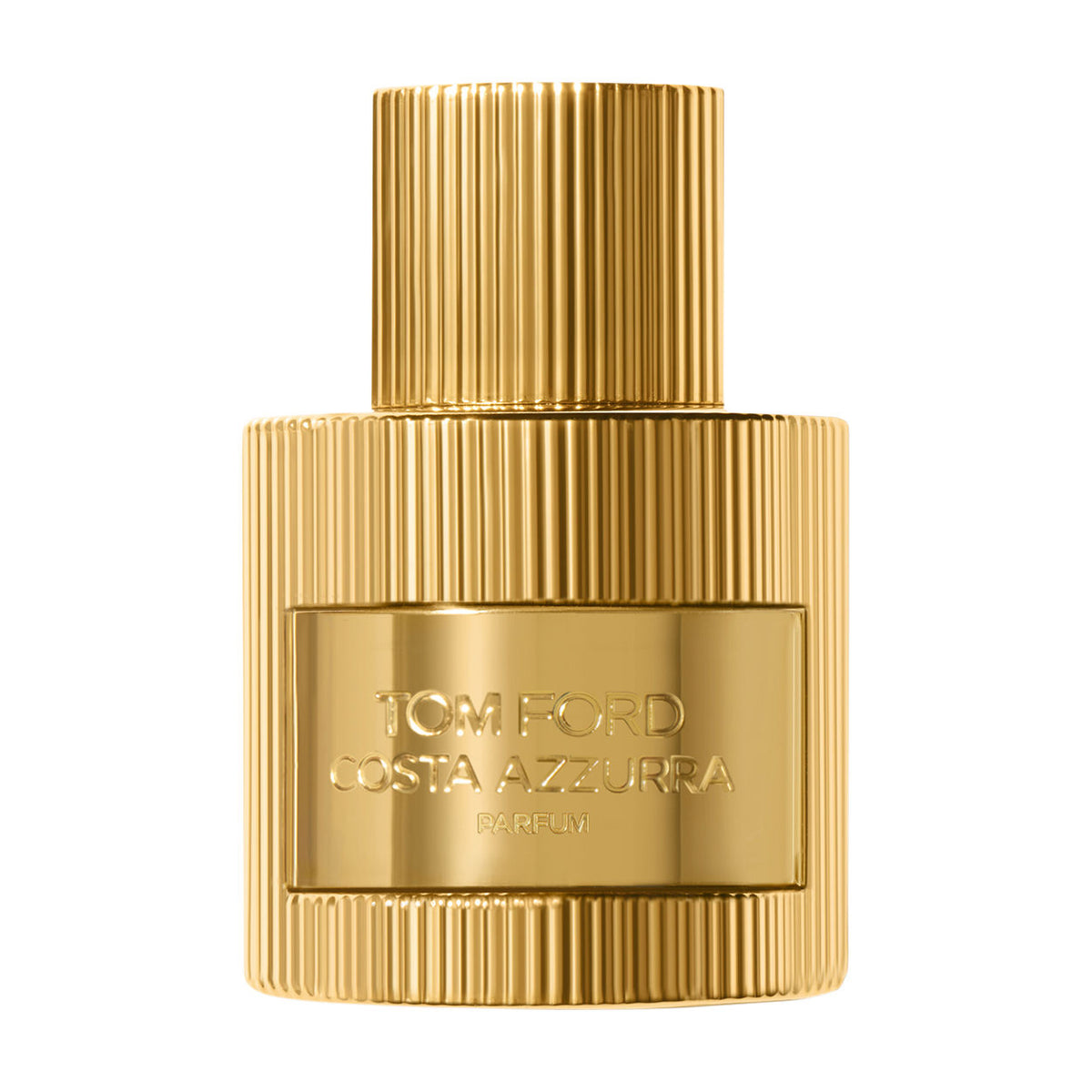 Gold Tom Ford Costa Azzurra Parfum bottle with a vertical ridged texture and a central plate, evoking notes of Italian lemon and oakwood extract.
