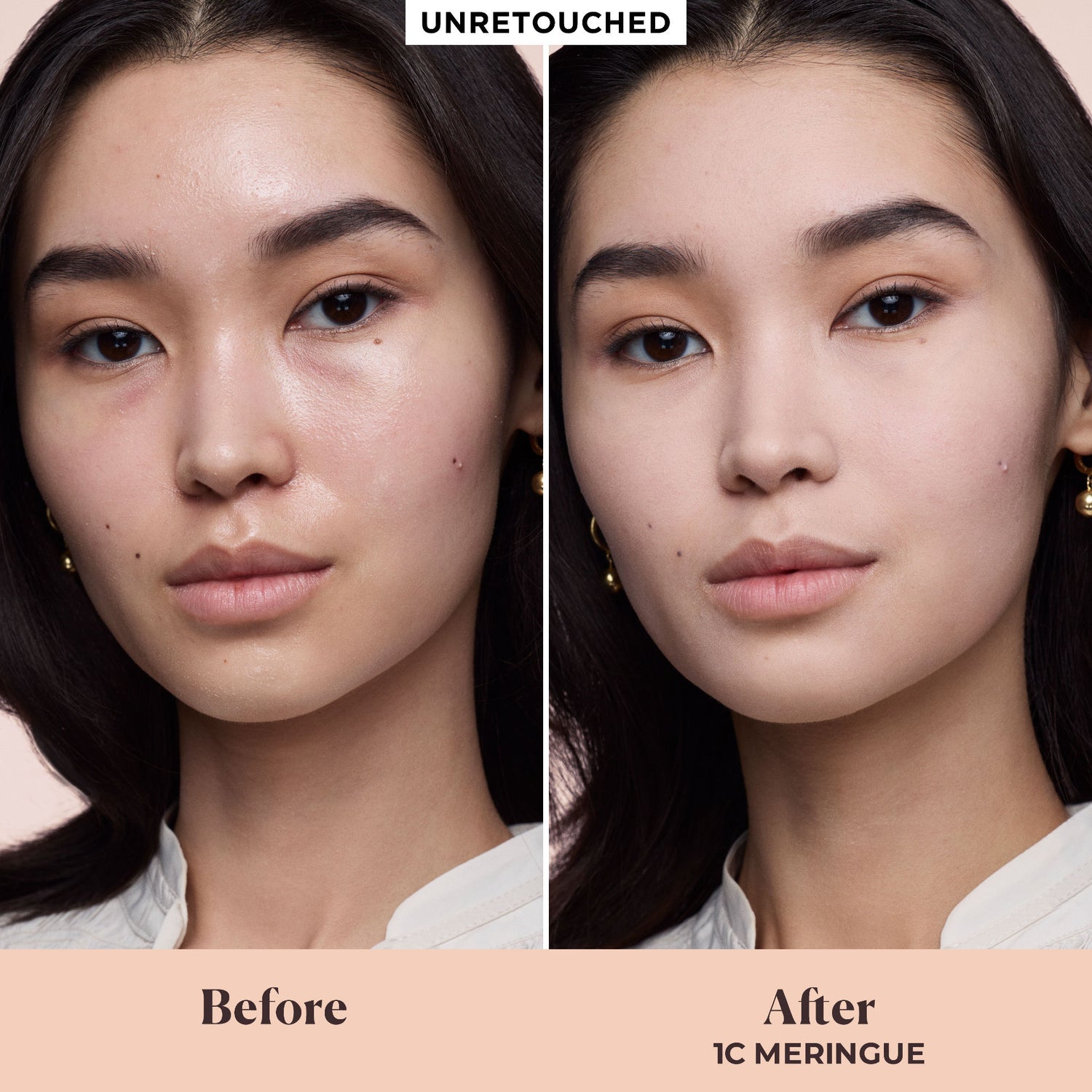 Before and after results of using Laura Mercier Real Flawless Feather Matte Powder Foundation variant: 1C Meringue