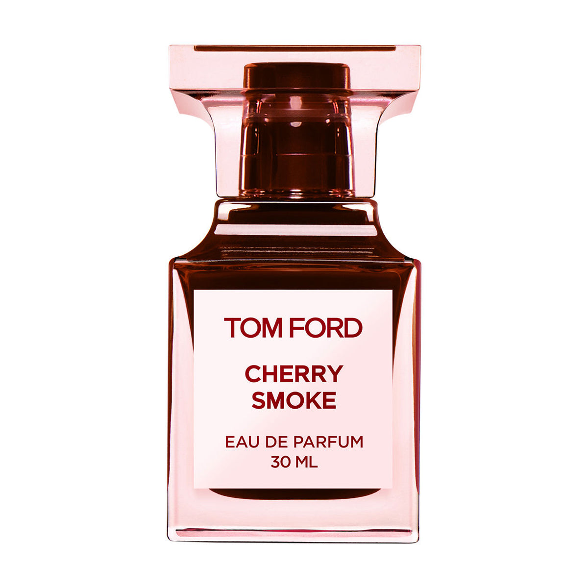 A deep red, square Tom Ford Cherry Smoke Eau de Parfum bottle with a matching geometric cap and a white label featuring black text.