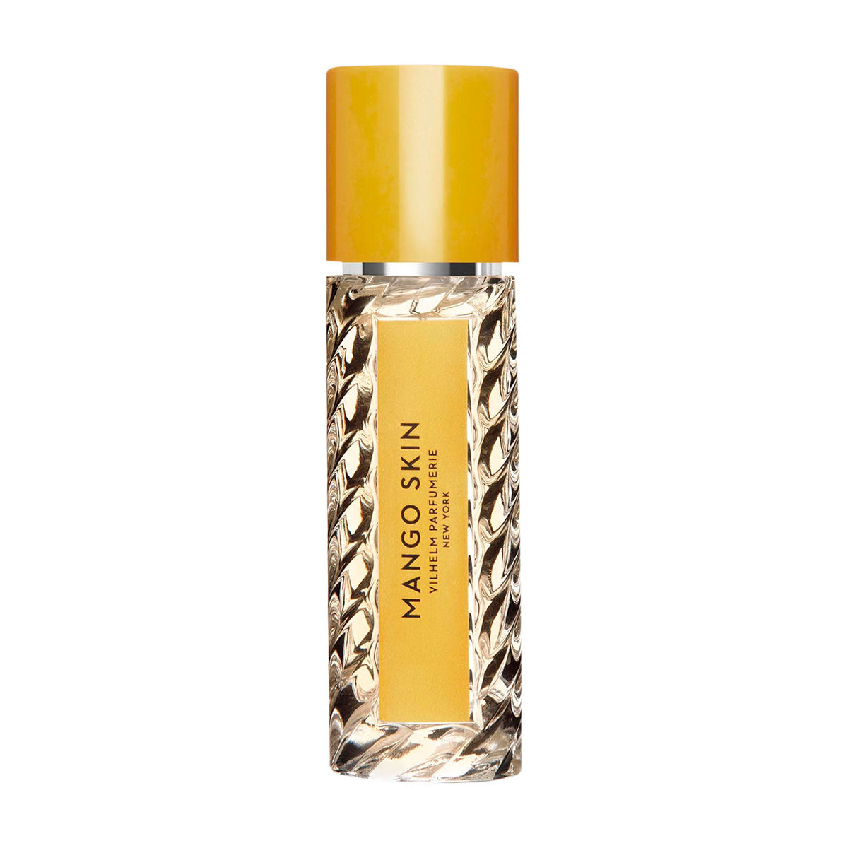 Cylindrical Mango Skin Eau de Parfum bottle with a textured glass base, a yellow cap, and a yellow label reading MANGO SKIN VILHELM PARFUMERIE NEW YORK, evoking a vibrant flavor profile for a sensory taste test.