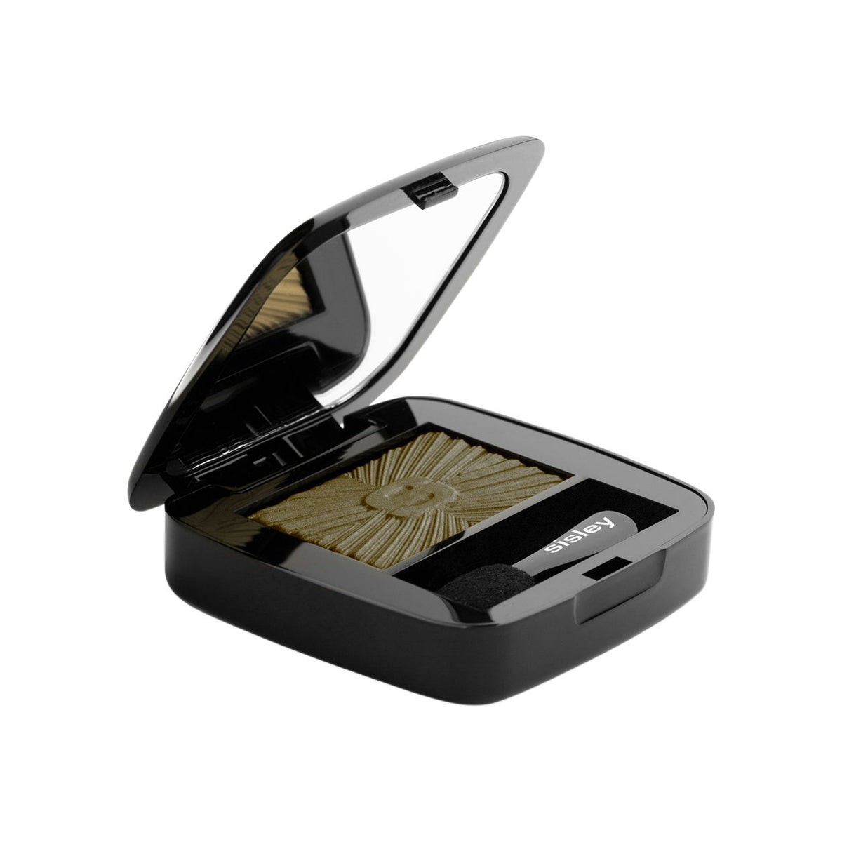 Open compact of Les Phyto-Ombres Eyeshadow in a shimmery olive shade with a hybrid texture and branded sponge-tip applicator, offering a touch of radiance.