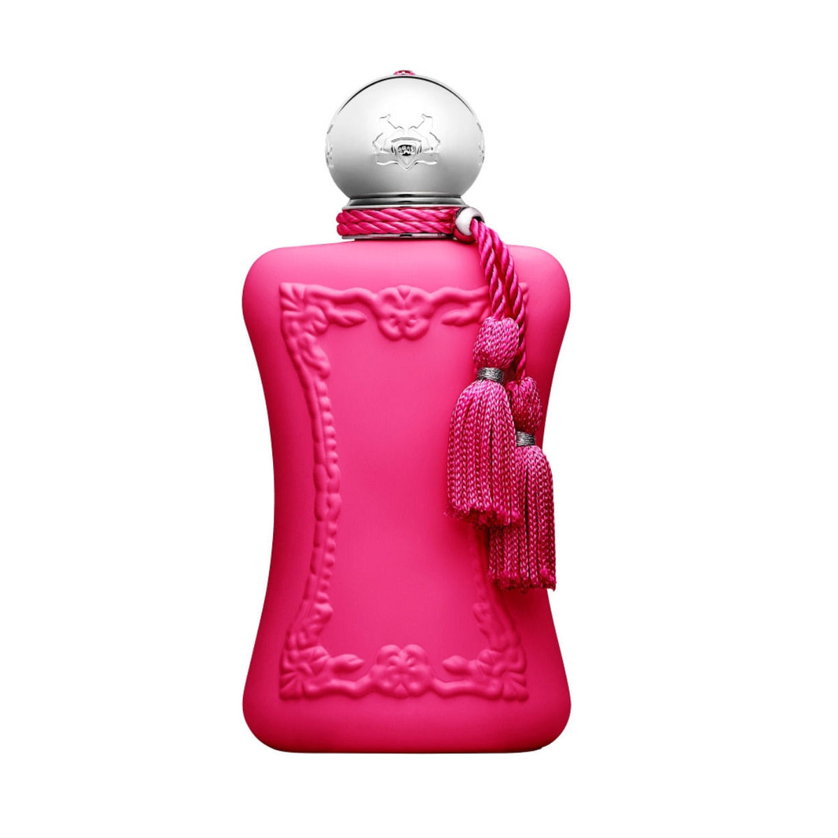 Oriana Eau de Parfum in a bright pink bottle with ornate embossed detailing and a silver cap featuring two matching tassels, perfect for an airy, delicate fragrance.