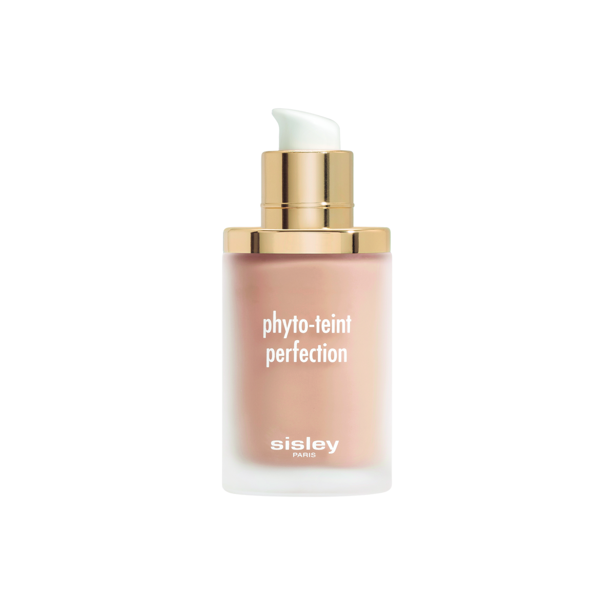 A glass bottle of Sisley Paris Phyto-Teint Perfection high-coverage, mattifying foundation with a gold pump dispenser.