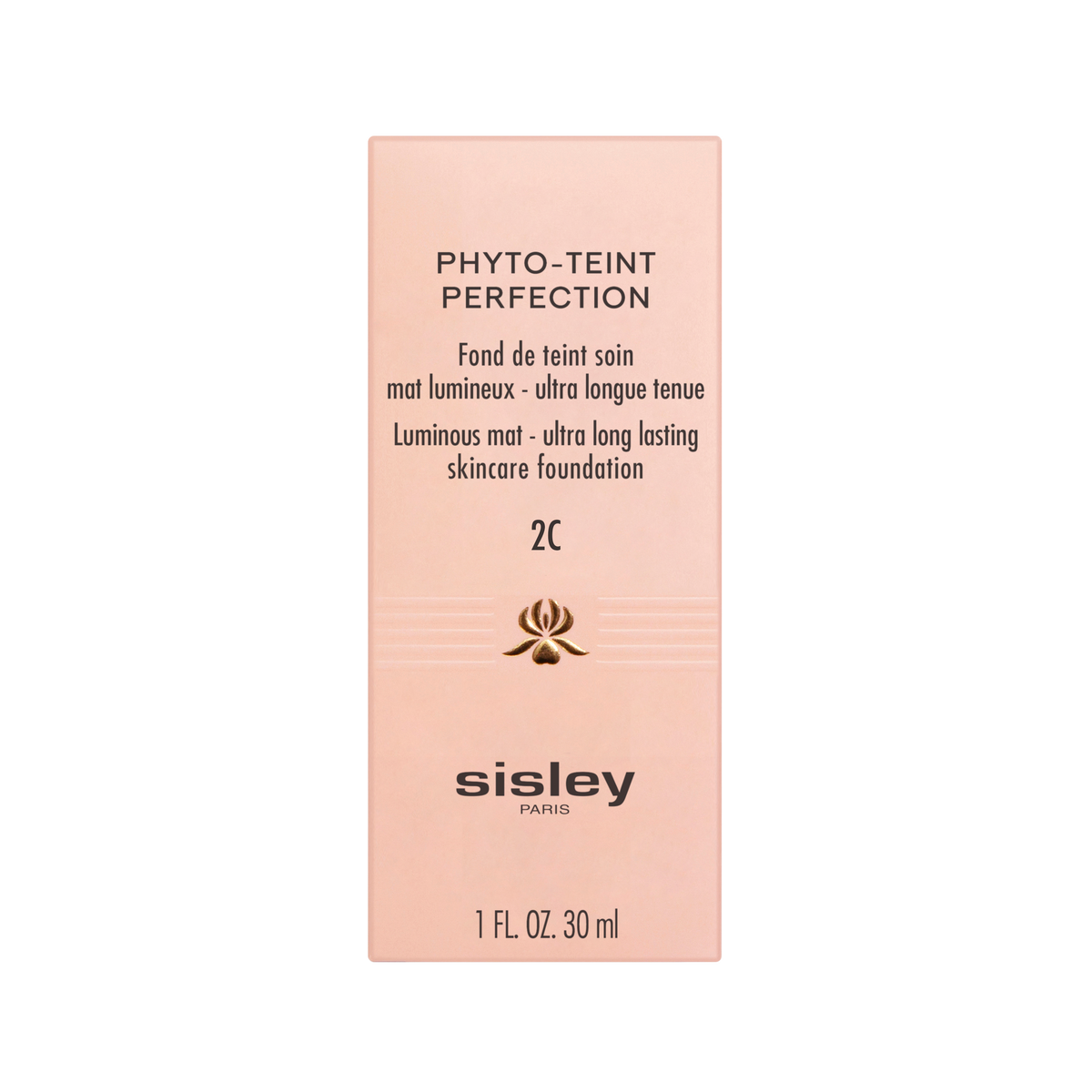 A pale pink rectangular box of Sisley Paris Phyto-Teint Perfection, a high-coverage, luminous matte skincare foundation in shade 2C, containing 1 FL. OZ. (30 ml).