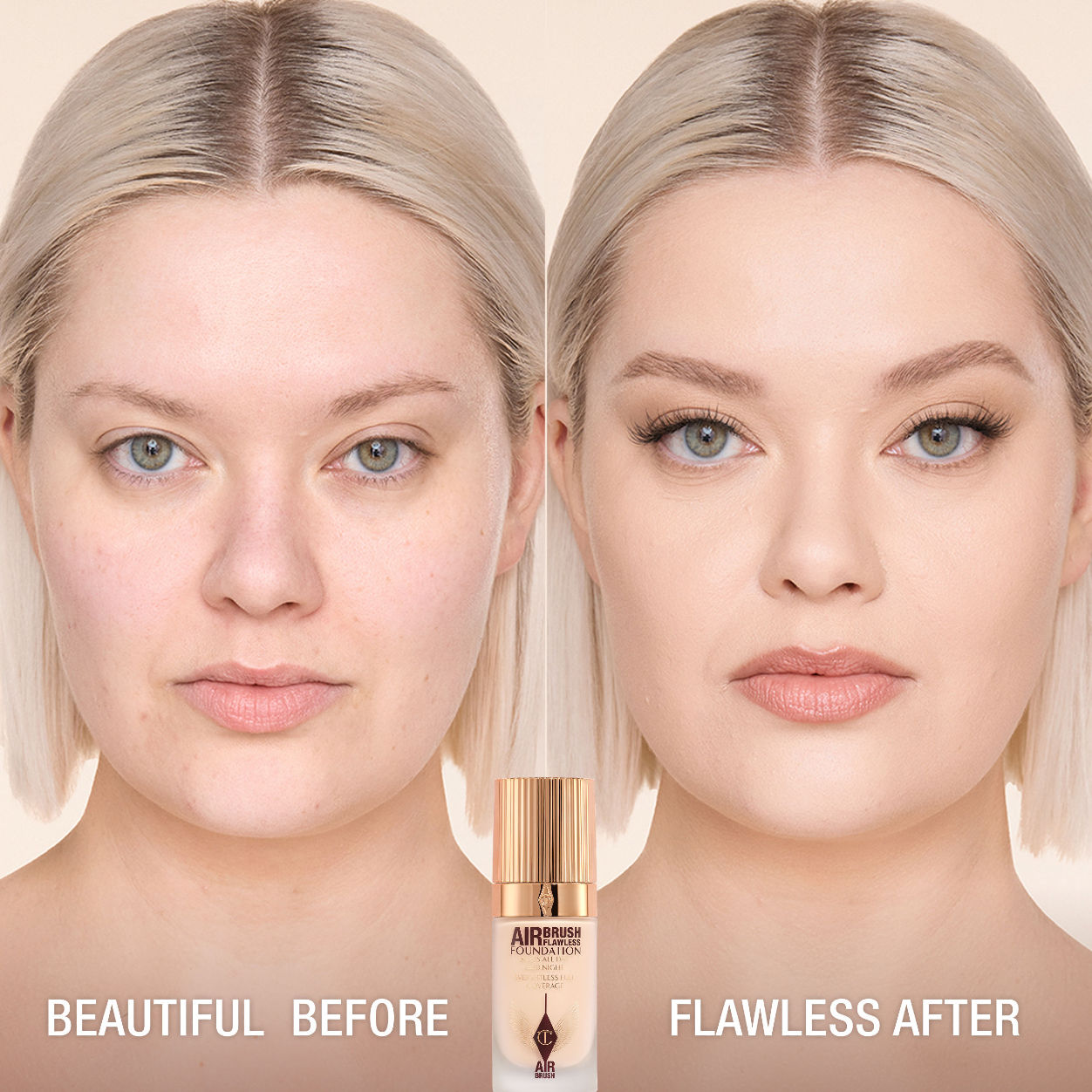 Before and after results of using Charlotte Tilbury Airbrush Flawless Foundation variant: 2 Neutral