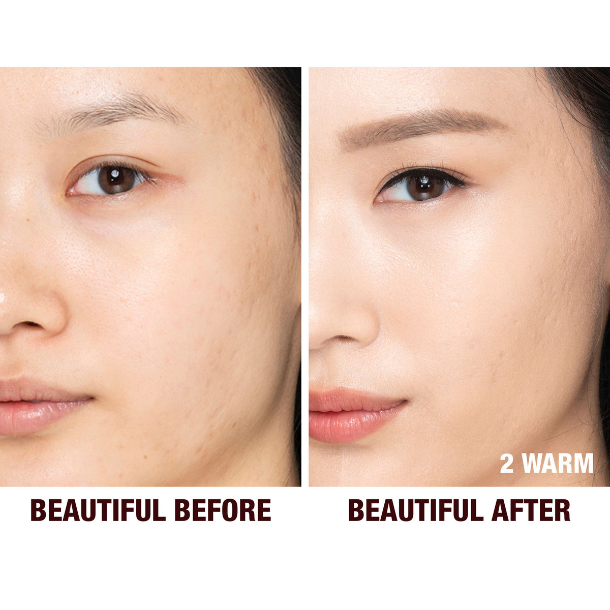 Before and after results of using Charlotte Tilbury  Charlotte's Beautiful Skin Foundation variant: 2 Warm (fair with yellow undertones)