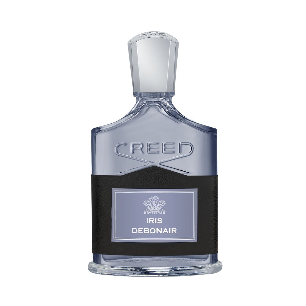 A Creed Iris Debonair Eau de Parfum glass bottle with a metallic cap, featuring a black label with the text IRIS DEBONAIR and a crest, representing a fougère floral fragrance.