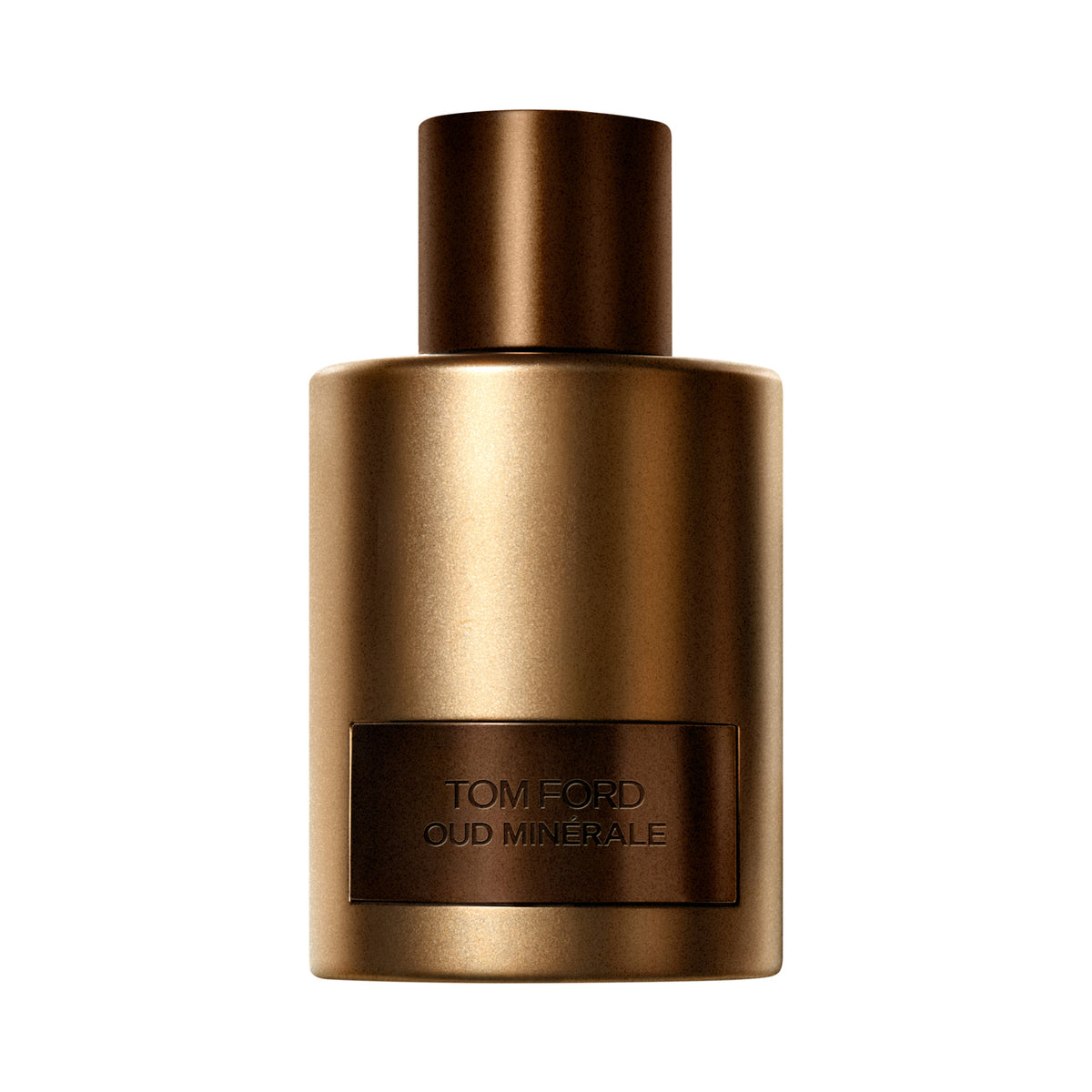 Cylindrical metallic brown Tom Ford Oud Minerale Eau de Parfum bottle with a matching cap, evoking a sense of mystery.