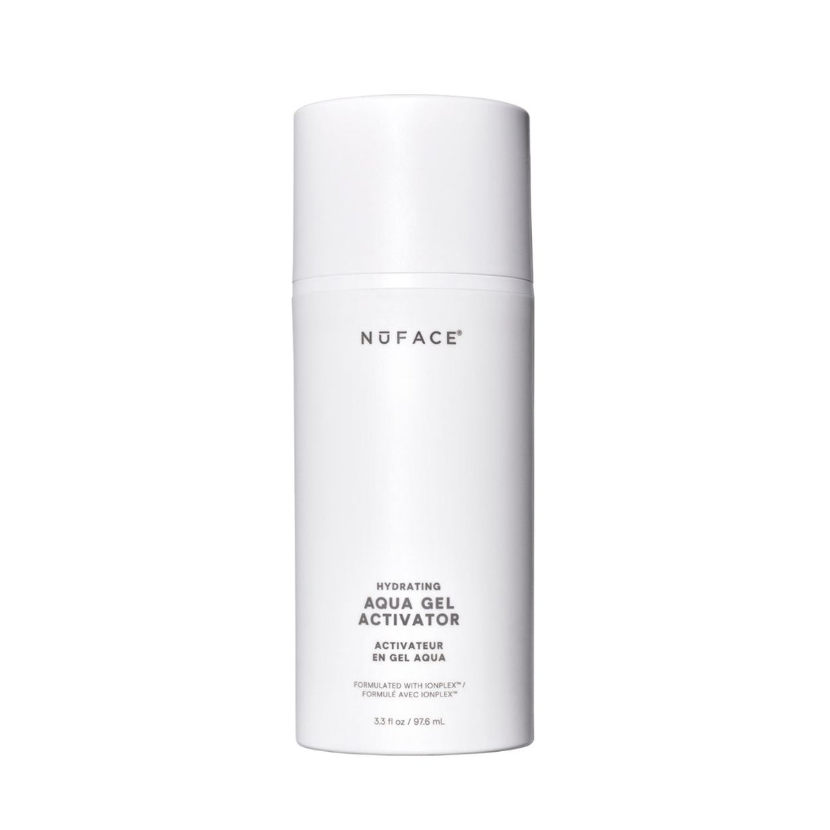 White cylindrical bottle of NuFace Aqua Gel Hydrating Microcurrent Activator with Hyaluronic Acid.