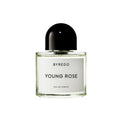 Byredo Young Rose Eau de Parfum in a clear glass bottle with a black domed cap and white label, featuring notes of Damascus rose.