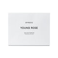 Rectangular white Young Rose Eau de Parfum box featuring embossed texture and text, evocative of Damascus rose.