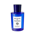Blue glass Acqua di Parma Bergamotto di Calabria Eau de Toilette bottle with a white label featuring black text and a crest.