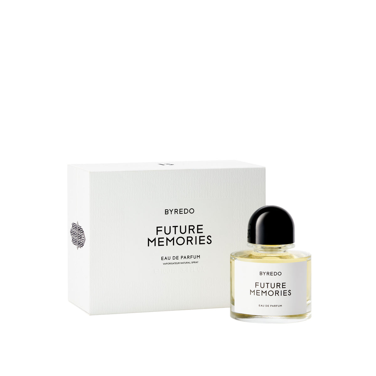 A glass bottle of Future Memories Eau de Parfum with a black cap, evoking notes of textured vanilla and powdery iris, sits in front of its white rectangular box, both labeled with the product name.