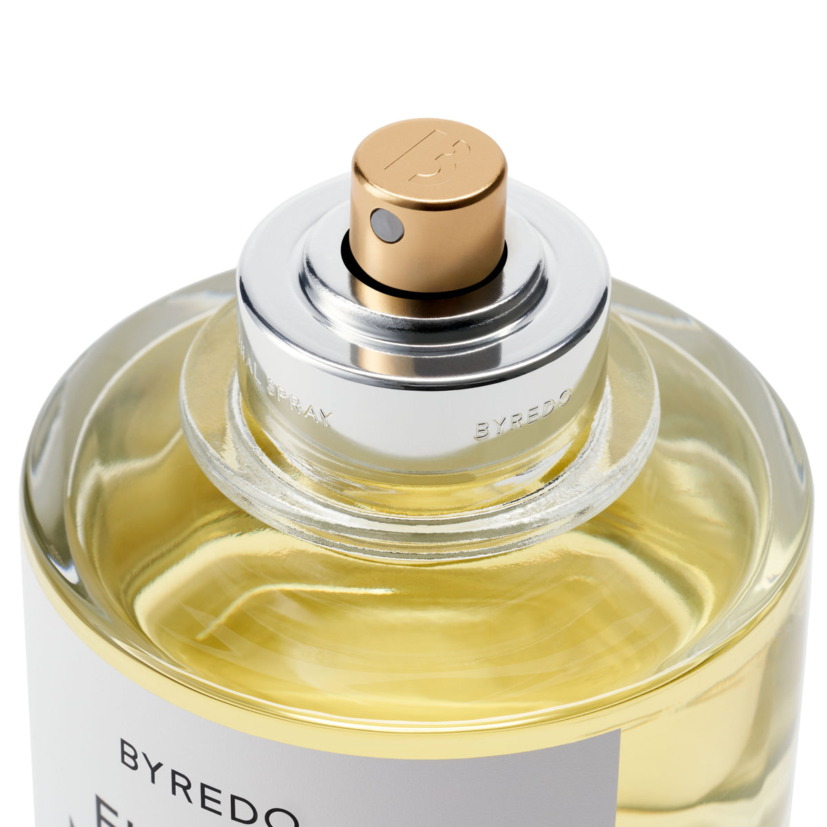 Close-up top view of a Byredo Future Memories Eau de Parfum bottle with a powdery finish, gold spray nozzle, and silver collar.