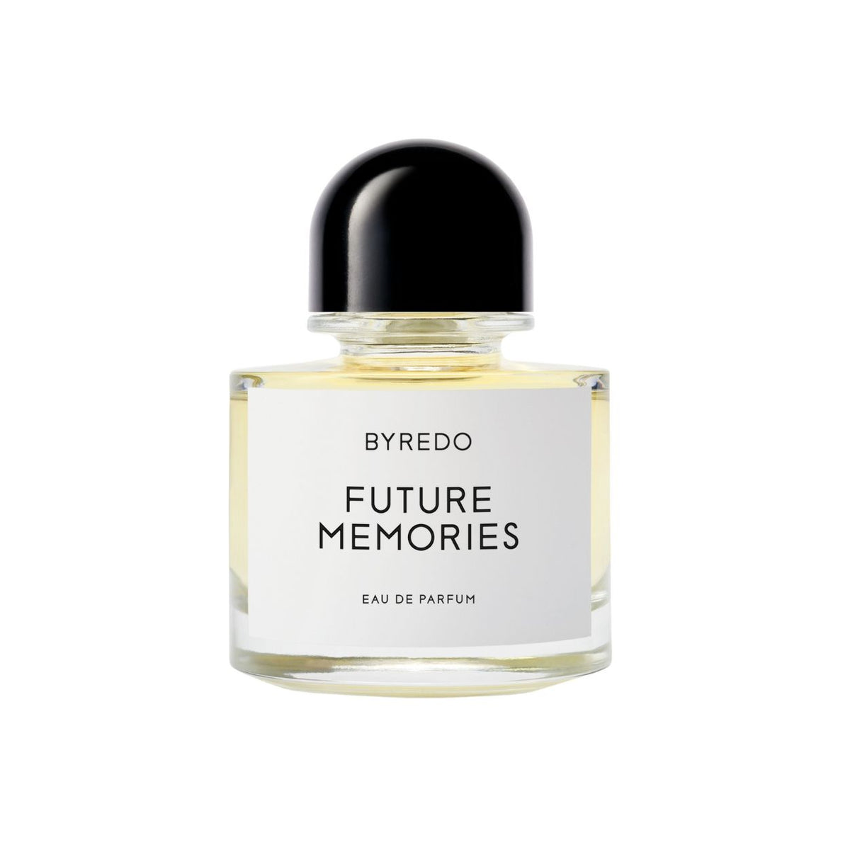 A clear glass Byredo Future Memories Eau de Parfum bottle with a black rounded cap, containing pale yellow liquid that hints at textured vanilla and powdery iris.