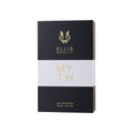 Black rectangular Ellis Brooklyn MYTH Eau de Parfum box featuring a gold geometric cat logo and the text MYTH centered on a white horizontal band, evoking notes of jasmine petals and liquid musks.