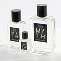 Three rectangular glass bottles of MYTH Eau de Parfum in varying sizes, each with a black cap and a black label with gold lettering, carrying notes of jasmine petals and white cedarwood.