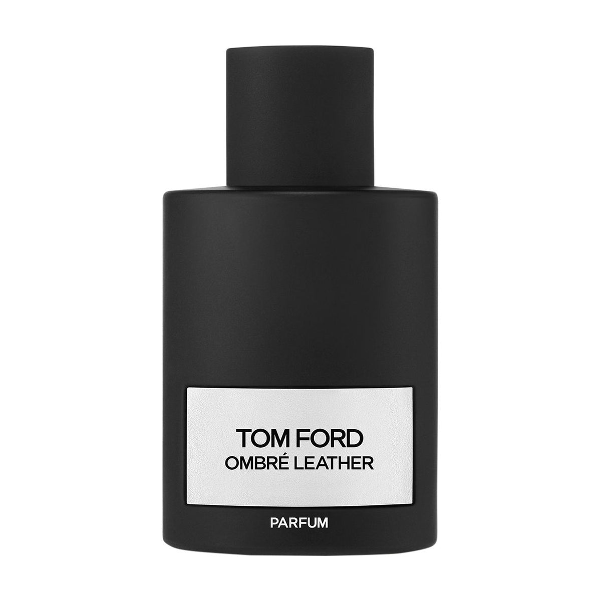 A matte black Ombre Leather Parfum bottle with a silver label, evoking notes of black leather and violet leaf.