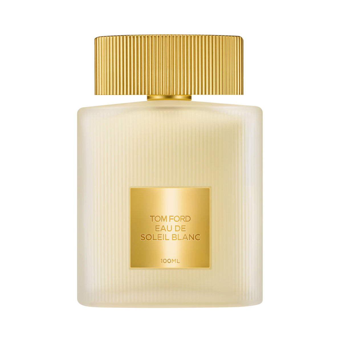 A rectangular, frosted glass Tom Ford Eau de Soleil Blanc Eau de Toilette bottle with a ribbed gold cap and a central gold label, capturing a sense of sparkling citrus and floral warmth.