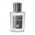 An Acqua di Parma Colonia Pura Eau de Cologne clear glass bottle with a cylindrical cap and a dark grey label featuring white text and a crest, evocative of a fresh citrus and woody scent.