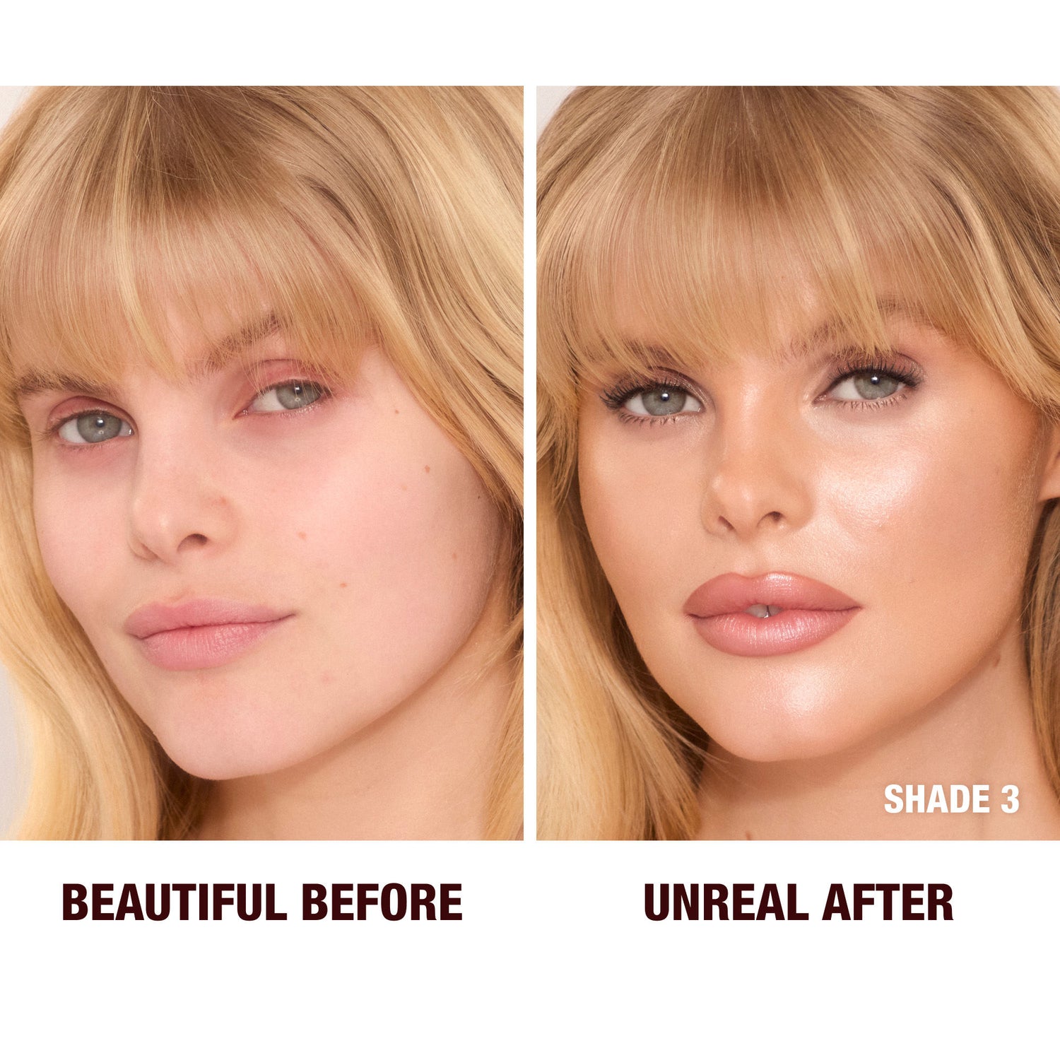 Before and after results of using Charlotte Tilbury Unreal Skin Sheer Glow Tint Hydrating Foundation Stick variant: 3 Fair