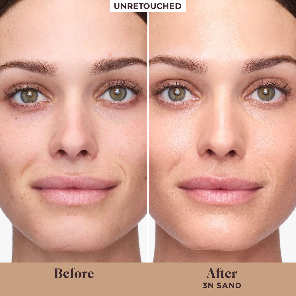Before and after results of using Laura Mercier Long-Wear Tinted Moisturizer Natural Dewy SPF 30 with Hyaluronic Acid variant: 3N Sand