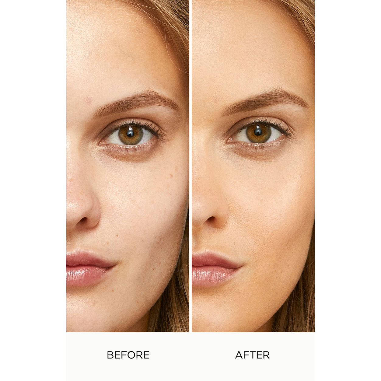 Before and after results of using Laura Mercier Flawless Lumière Radiance-Perfecting Foundation variant: 3W2 GOLDEN