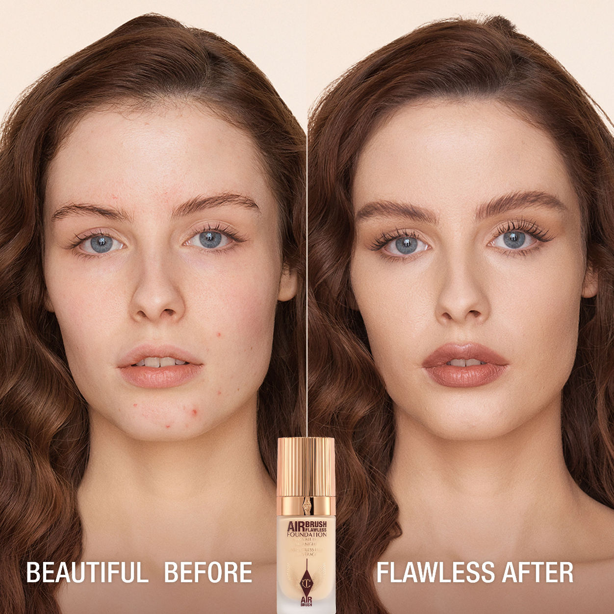 Before and after results of using Charlotte Tilbury Airbrush Flawless Foundation variant: 3 Warm
