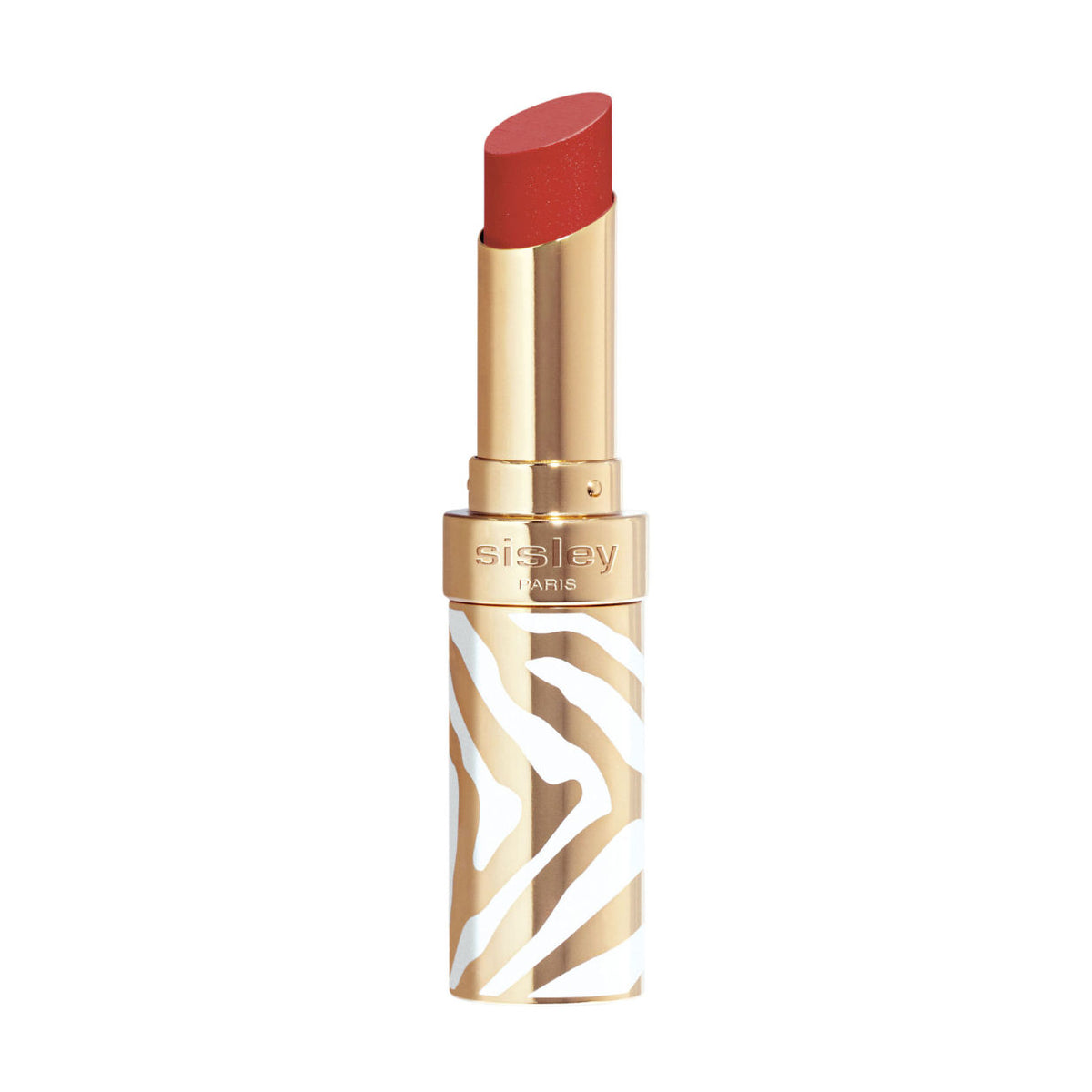 Phyto-Rouge Shine lipstick in an open gold case with a white and gold zebra stripe pattern, featuring an intense red shade and a balm-like sensation.