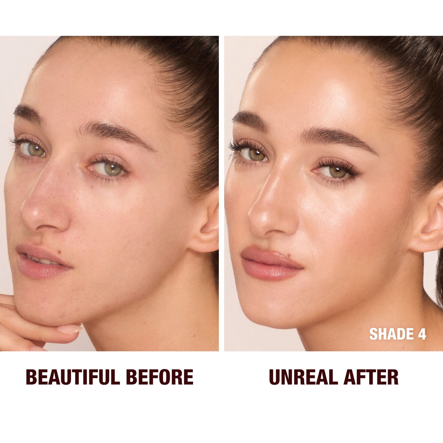 Before and after results of using Charlotte Tilbury Unreal Skin Sheer Glow Tint Hydrating Foundation Stick variant: 4 Fair