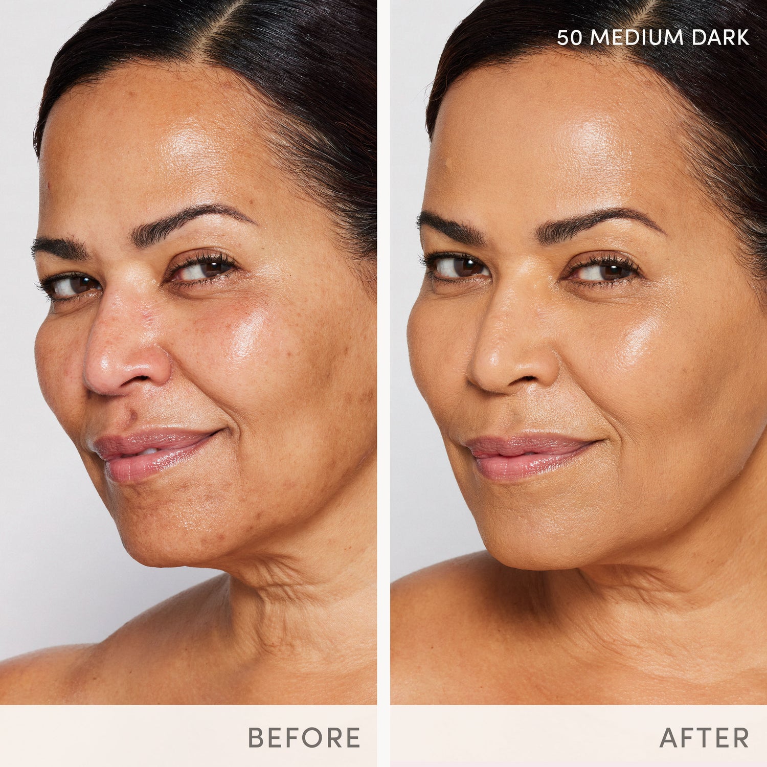 Before and after results of using Jane Iredale Skintuition SPF 30 Radiance-Boosting Liquid Foundation variant: 50 Medium Dark