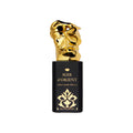 Soir d’Orient Eau de Parfum bottle in black floral glass with gold lettering and a metallic gold sculptural cap shaped like a human face.