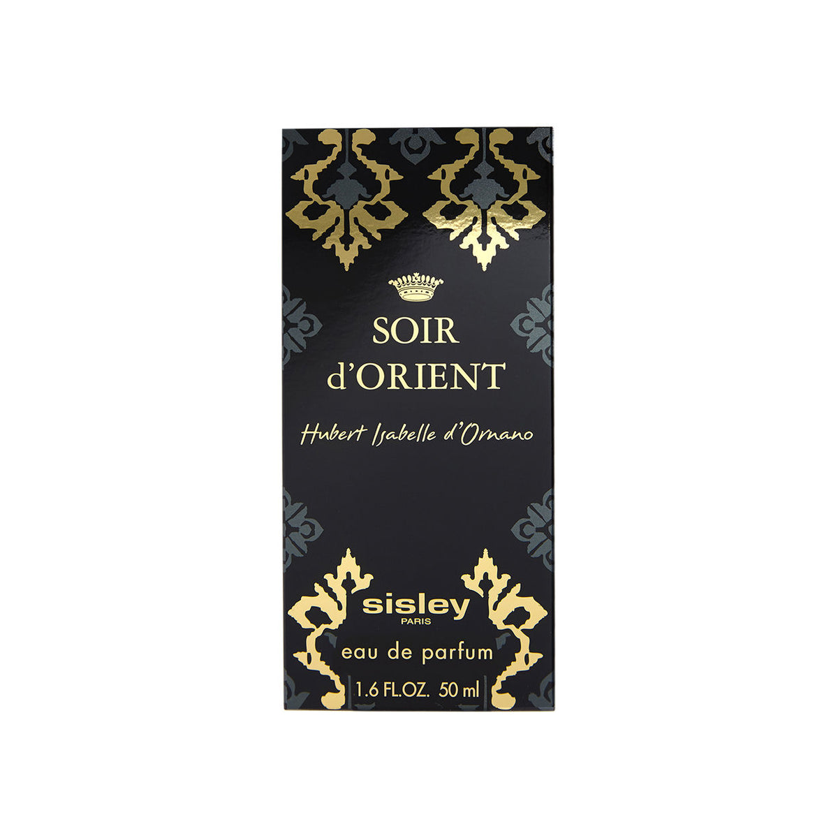 Black spicy Sisley Paris Soir d’Orient Eau de Parfum box adorned with gold ornate patterns, a crown icon, and product text.