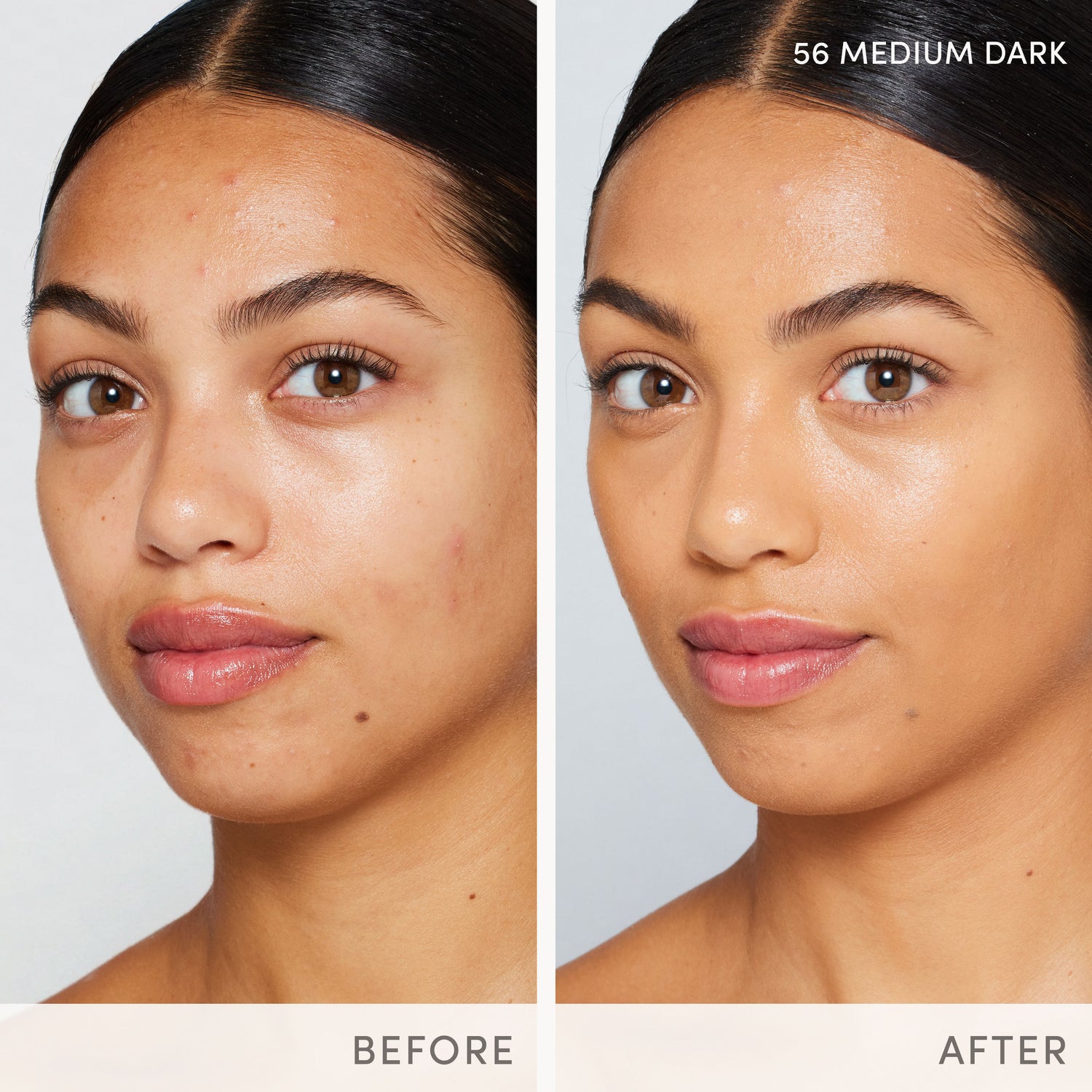 Before and after results of using Jane Iredale Skintuition SPF 30 Radiance-Boosting Liquid Foundation variant: 56 Medium Dark