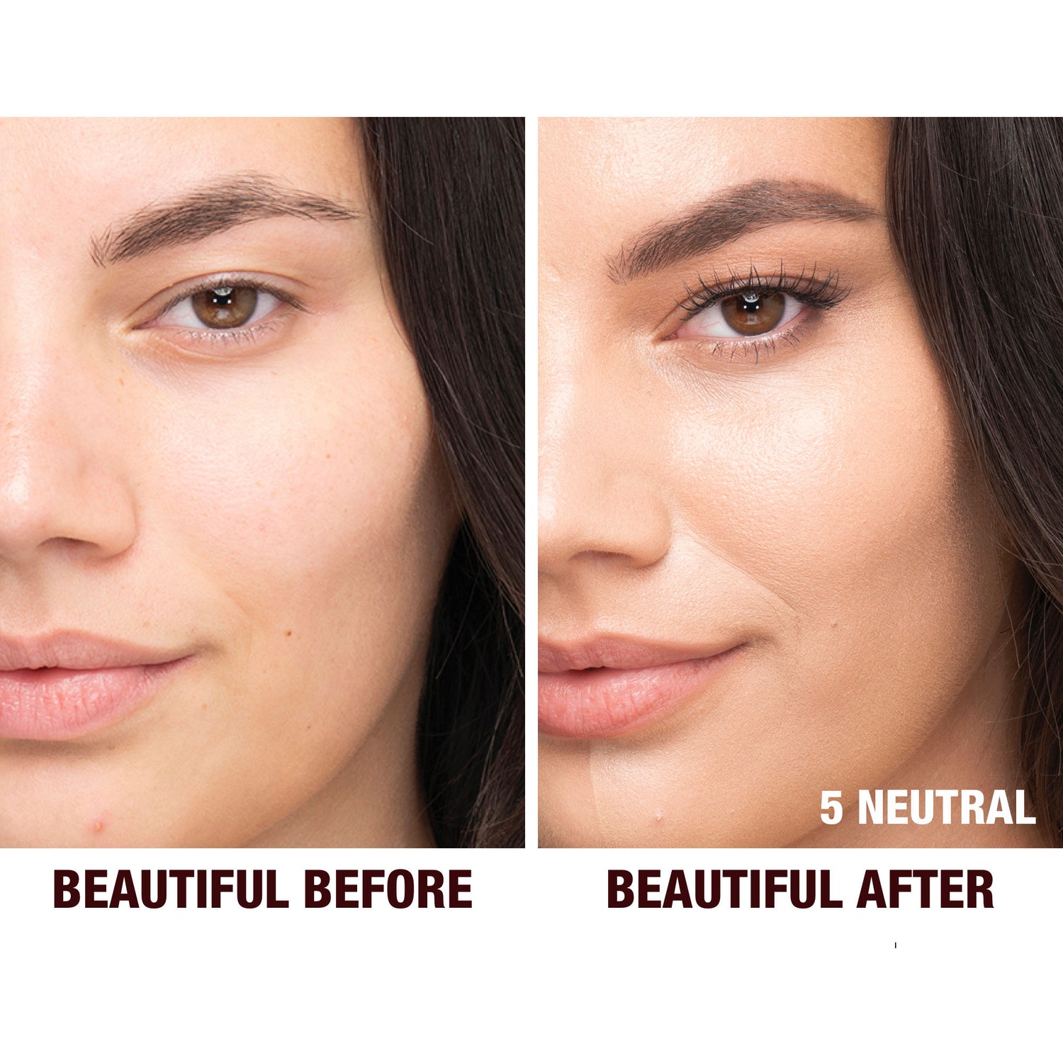 Before and after results of using Charlotte Tilbury  Charlotte's Beautiful Skin Foundation variant: 5 Neutral (fair medium with neutral olive undertones)