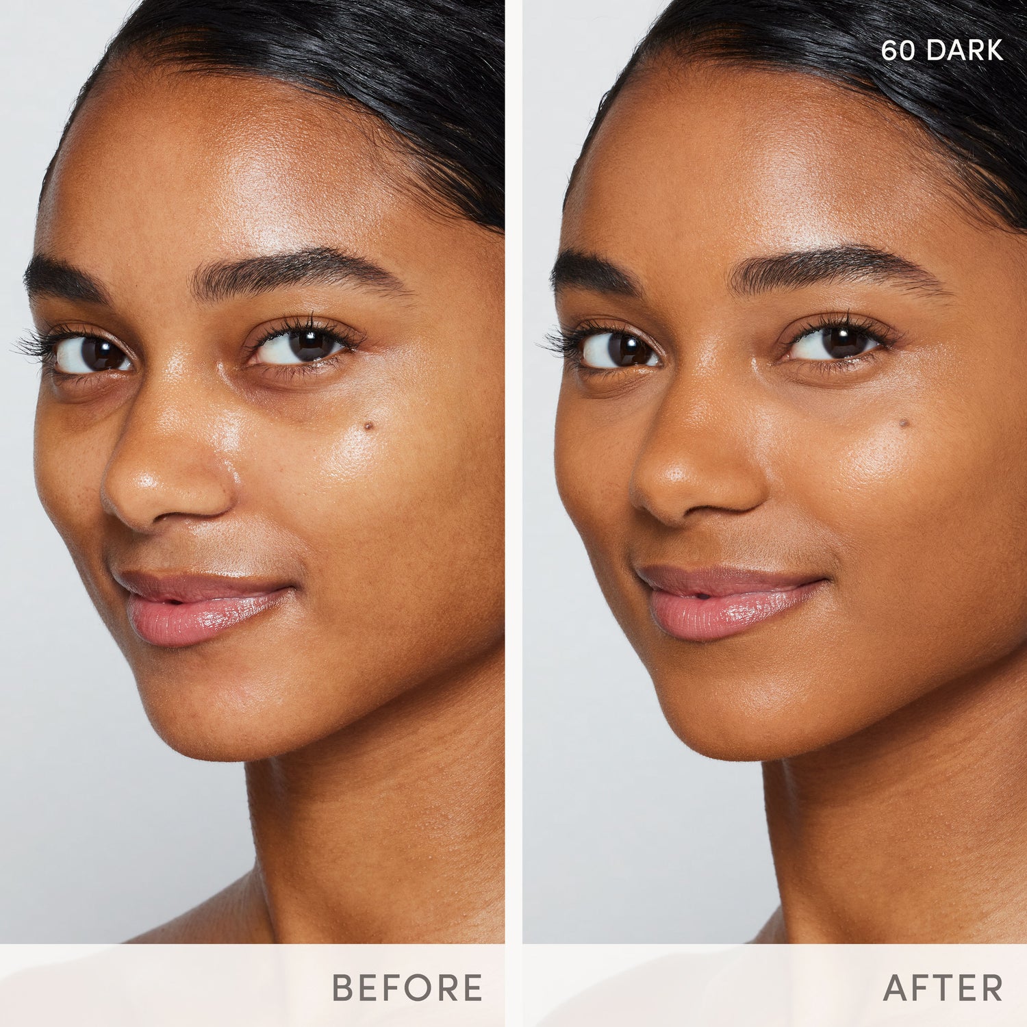 Before and after results of using Jane Iredale Skintuition SPF 30 Radiance-Boosting Liquid Foundation variant: 60 Dark