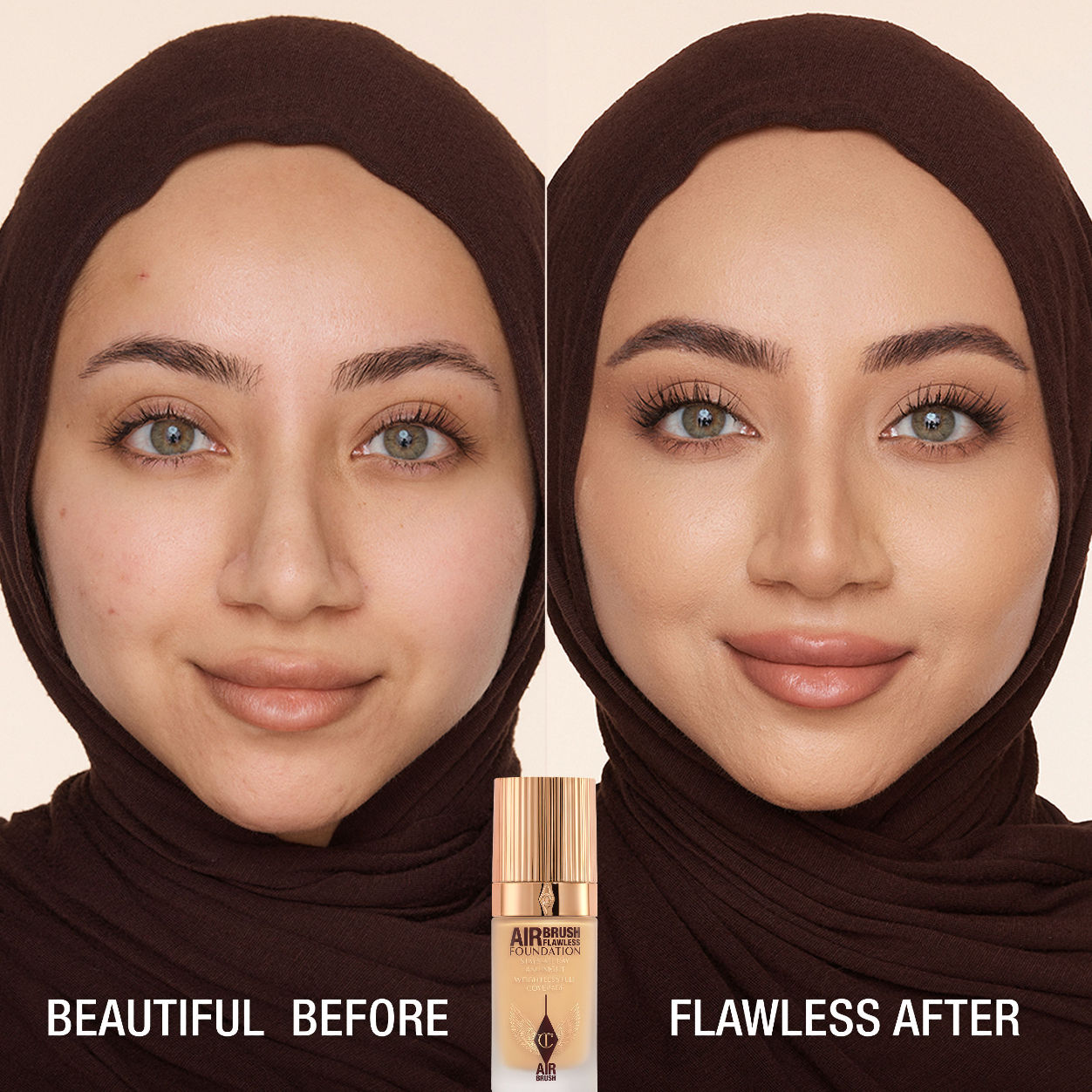 Before and after results of using Charlotte Tilbury Airbrush Flawless Foundation variant: 6 Warm