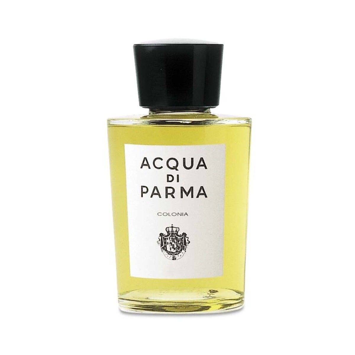 An Acqua di Parma Colonia Eau De Cologne Spray glass bottle filled with yellow liquid, featuring a white label with text and a crest, topped with a black cap.