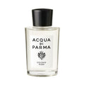 A clear glass bottle of Acqua di Parma Colonia Pura Eau de Cologne with a black cap and a white label featuring a crest and text.