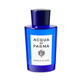 A cobalt blue glass bottle of Arancia di Capri Eau de Toilette, featuring a white label with the text Acqua di Parma.
