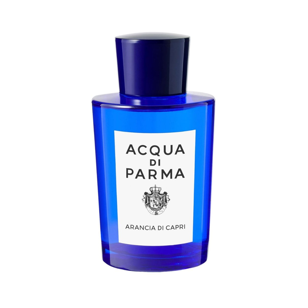 A cobalt blue glass bottle of Arancia di Capri Eau de Toilette, featuring a white label with the text Acqua di Parma.