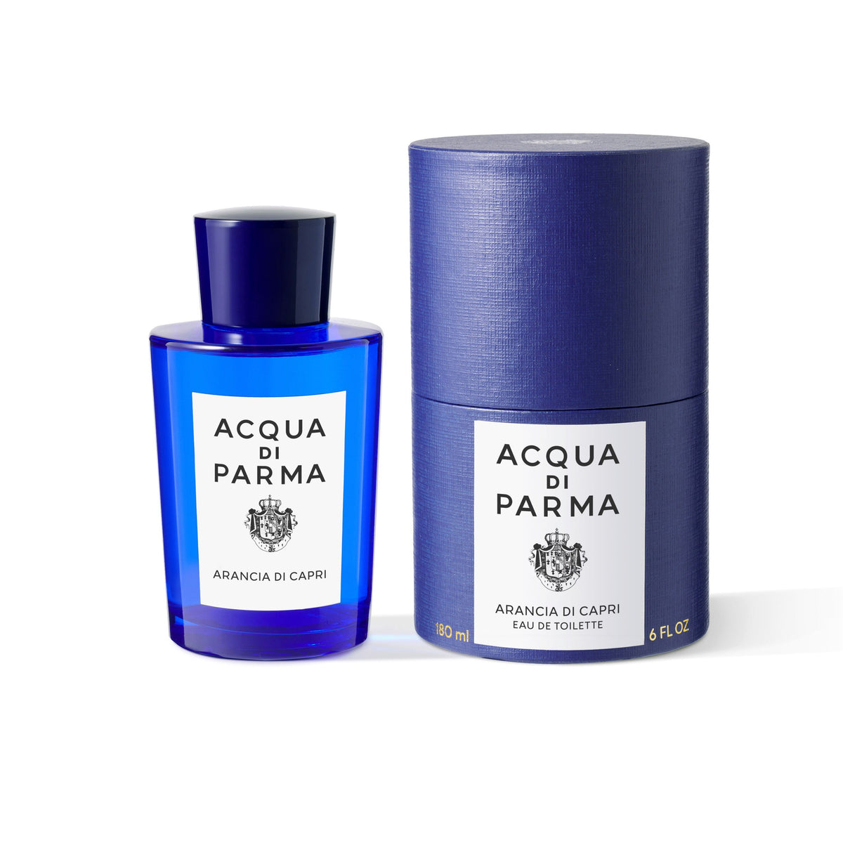 Acqua di Parma Arancia di Capri Eau de Toilette perfume bottle and its cylindrical blue storage container, both featuring white labels with black text and a crest.