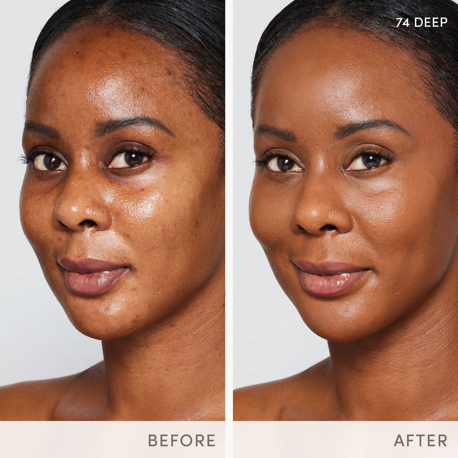 Before and after results of using Jane Iredale Skintuition SPF 30 Radiance-Boosting Liquid Foundation variant: 74 Deep