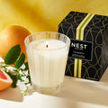 A Nest New York Grapefruit candle in a white-striped glass jar sits beside its black patterned box, a fresh grapefruit, and a sprig of white flowers to uplift your senses.