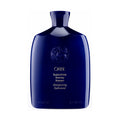 Dark blue bottle of Oribe Supershine Hydrating Shampoo for Dry Hair with an embossed emblem on the front and white text listing product details, lasting luster, and volume.